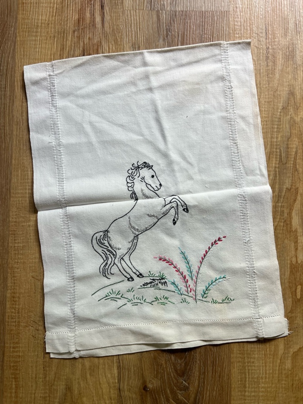 Vintage Hand Stitched Linen Table/Dresser Runner 15”x38”unicorn Design Both Ends